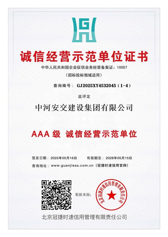 诚信经营示范单位证书